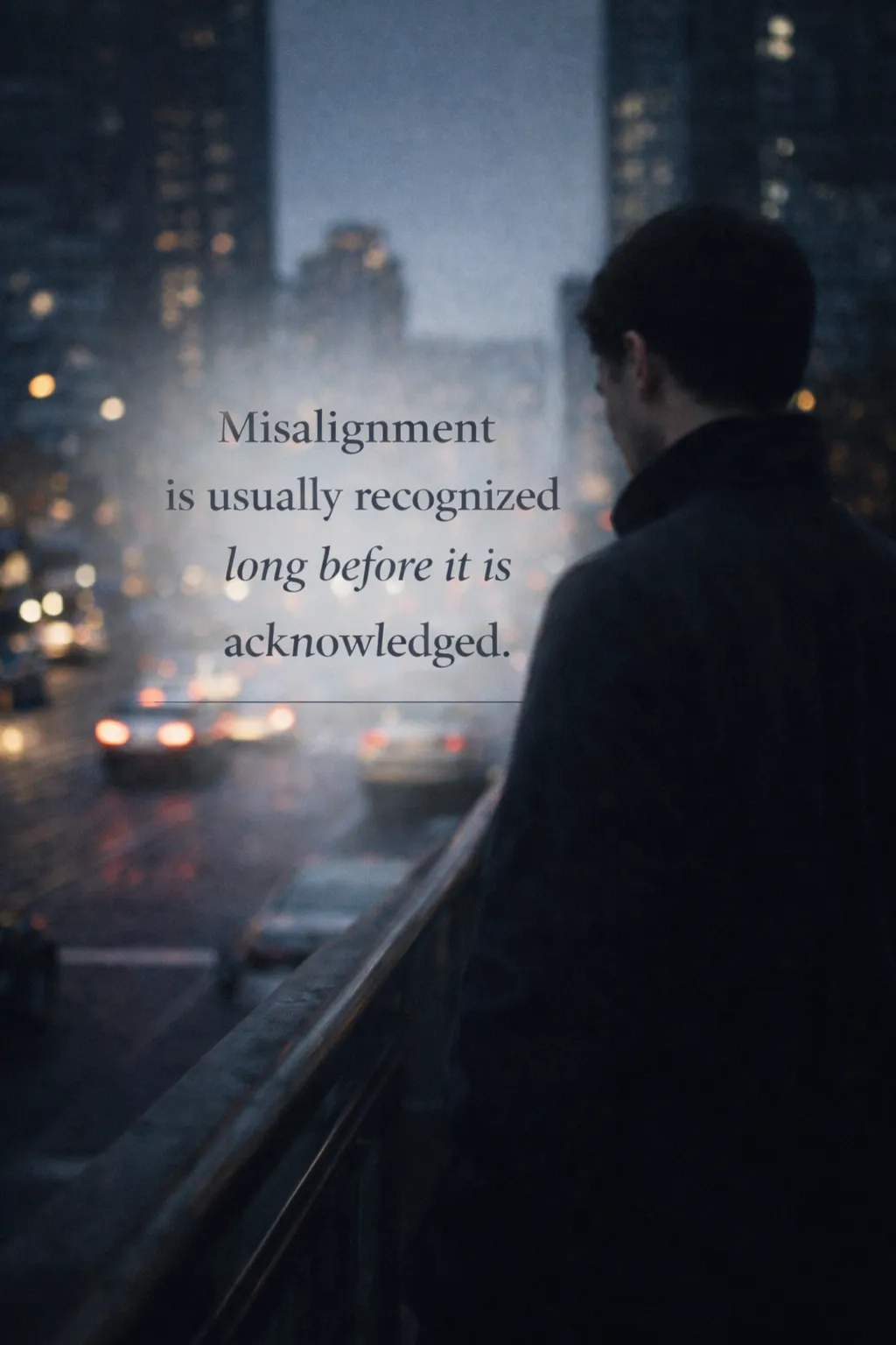Real estate professional standing alone at night overlooking the city, reflecting on structural misalignment and career direction
