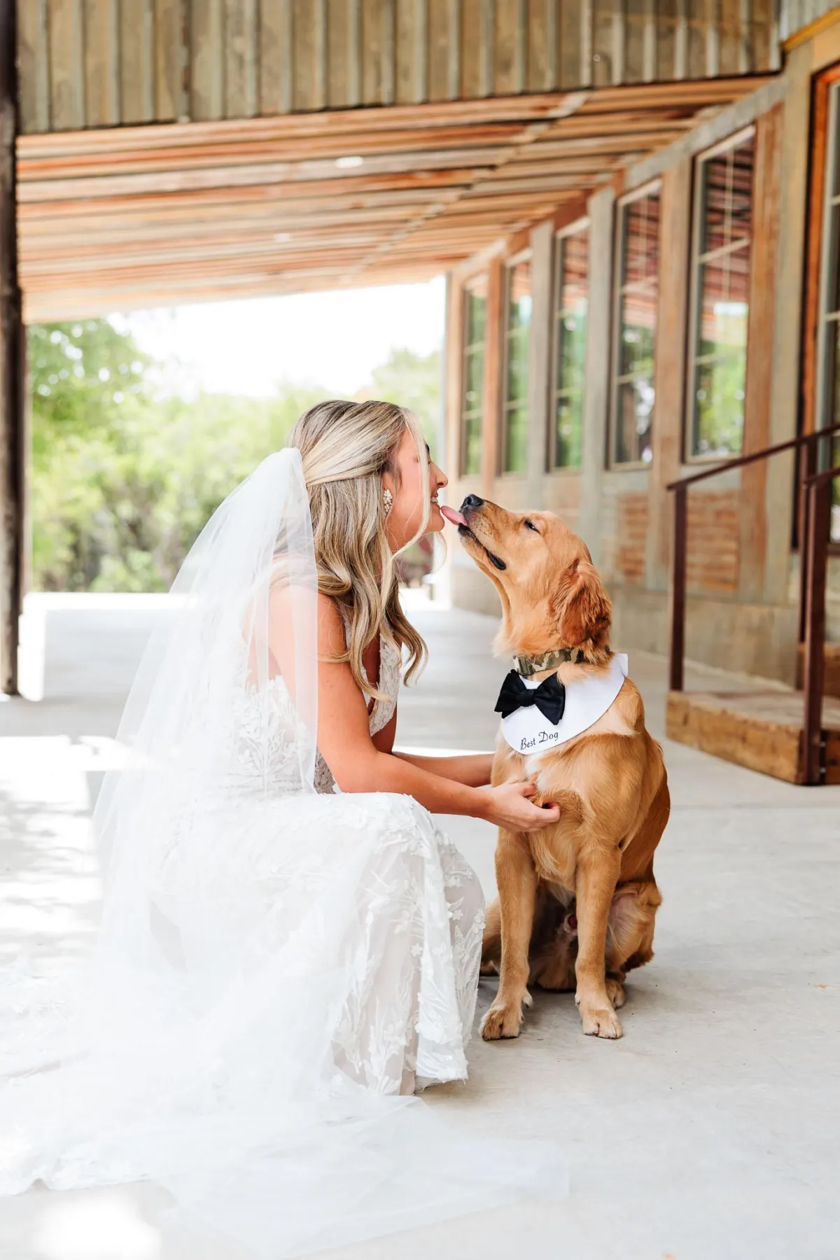 Bride sharing a moment with her ring bearer dog at a rustic venue, photographed by Double Knot Photography, capturing a heartwarming wedding scene at Sparrow Creek Ranch in Graham Texas.