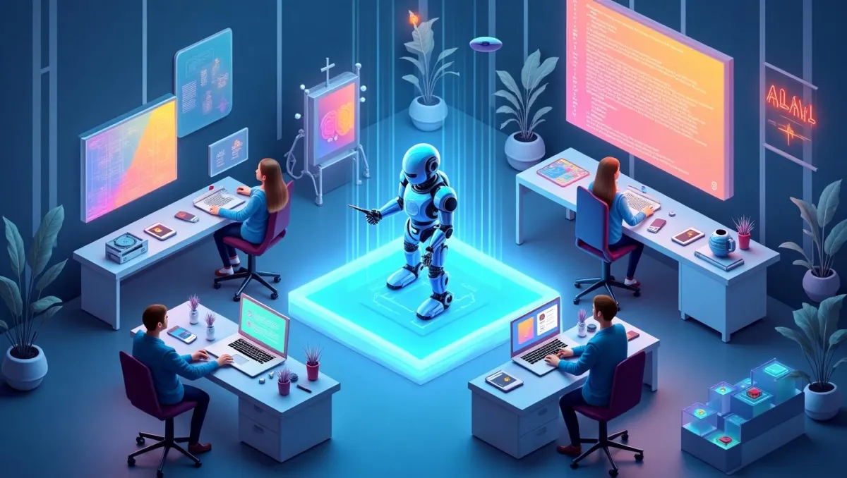 Generative AI transforming industries with creative machines, showing people collaborating with artificial intelligence in a futuristic workspace