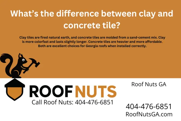Learn the key differences between clay and concrete roof tiles. Compare cost, durability, color retention, and weight to find the best option for your Georgia home.