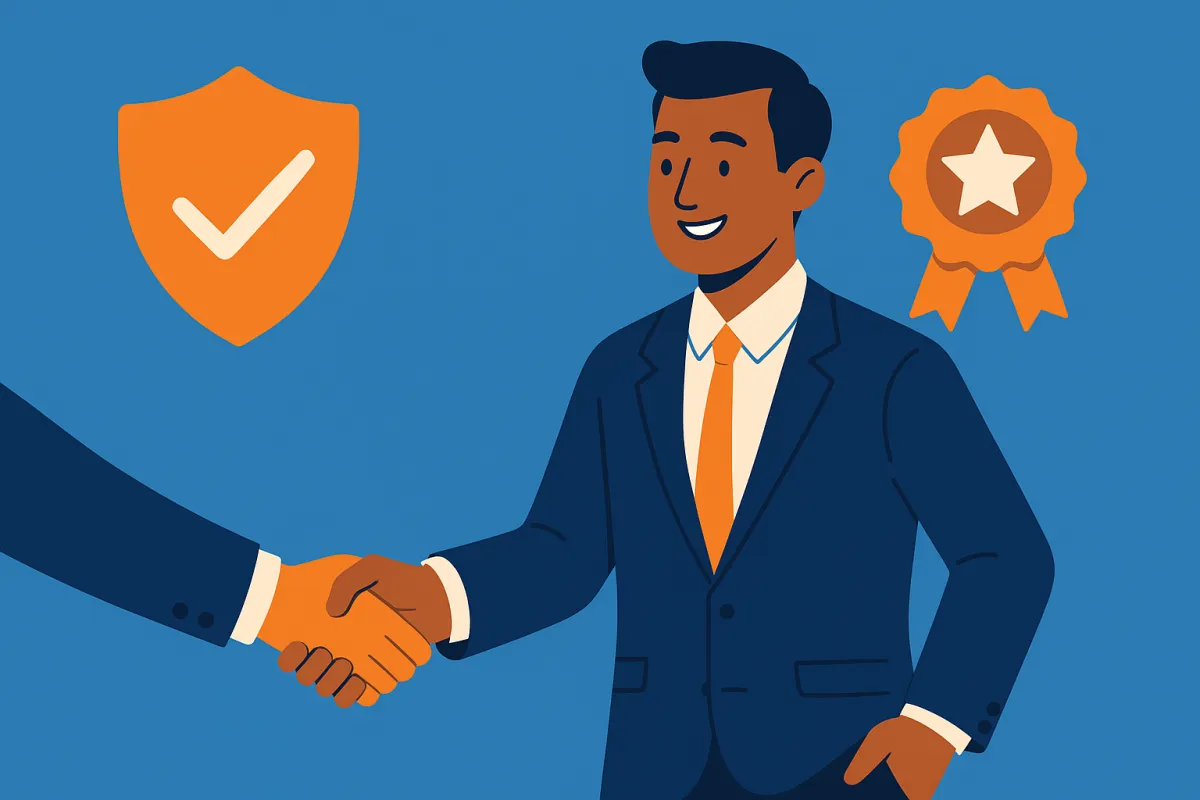 Illustration of a professional leader standing behind a product symbolizing a guarantee, with trust and quality icons.