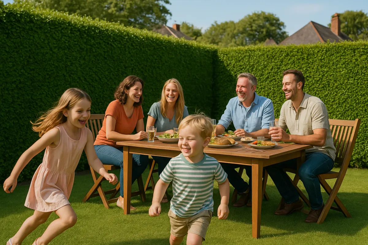 Family enjoying a sunny afternoon in a garden with a well-manicured hedge