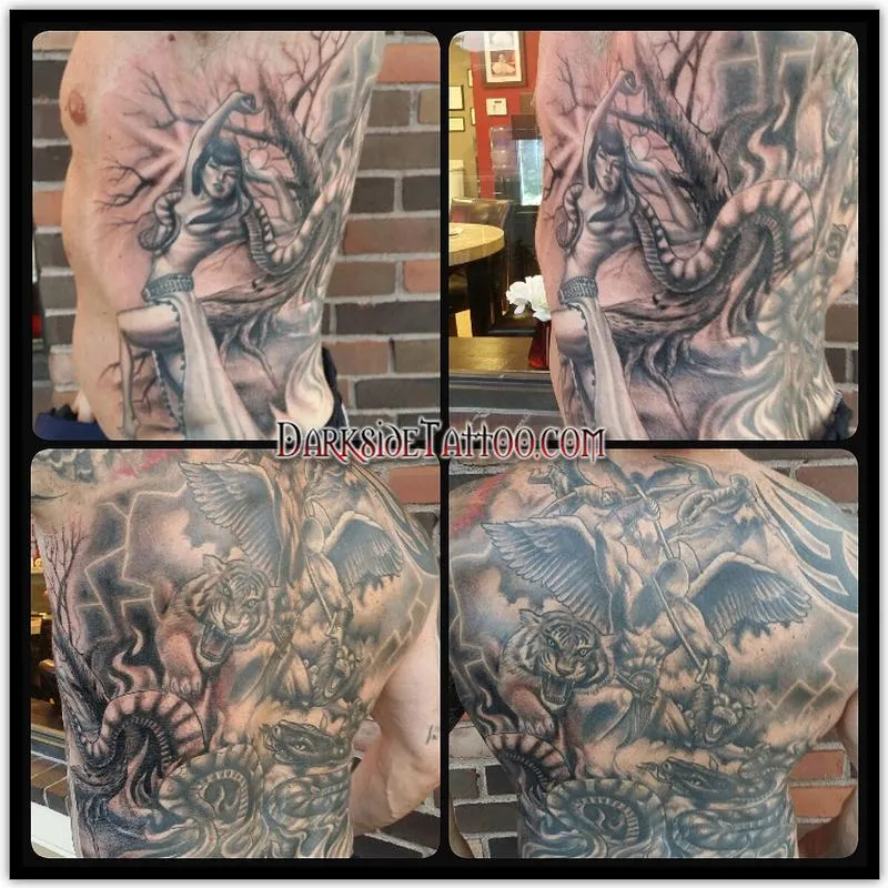 Black and Gray Back Piece Tattoo