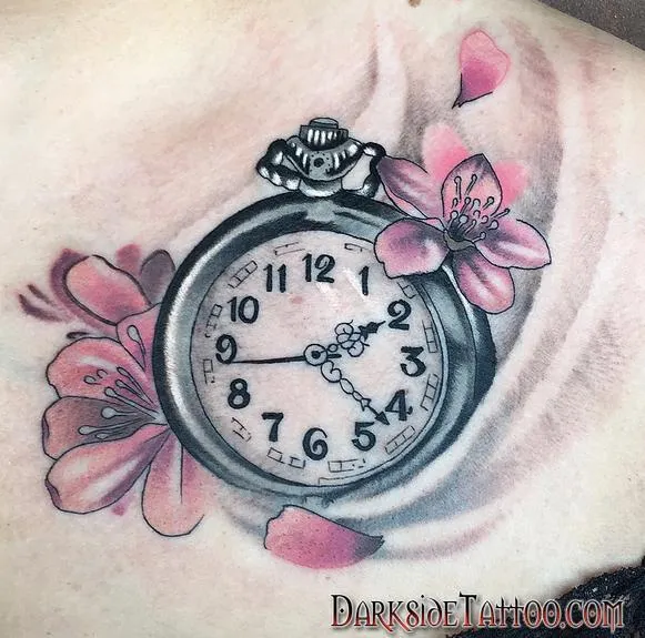 Color Clock and Cherry Blossom Tattoo