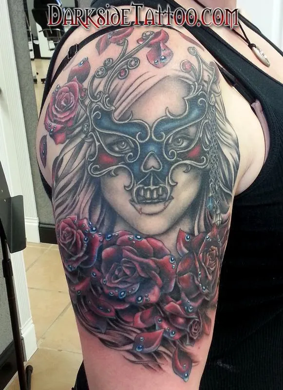 Color Roses and Mask Tattoo
