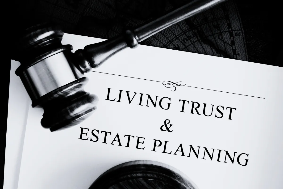 Close-up of a document labeled “Living Trust & Estate Planning” with a judge’s gavel beside it. Symbolic of probate, legal planning, and estate protection for families.