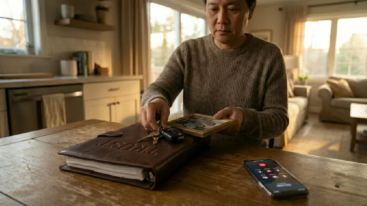 Man organizing a trust binder and family photograph at home, representing estate planning, asset protection, and preparing for creditor and lawsuit risk