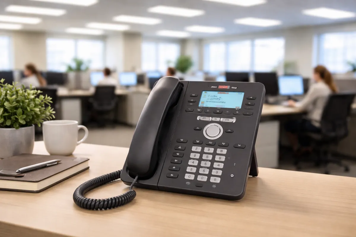 Avaya IP Office phone system on an office desk in a modern workplace.
