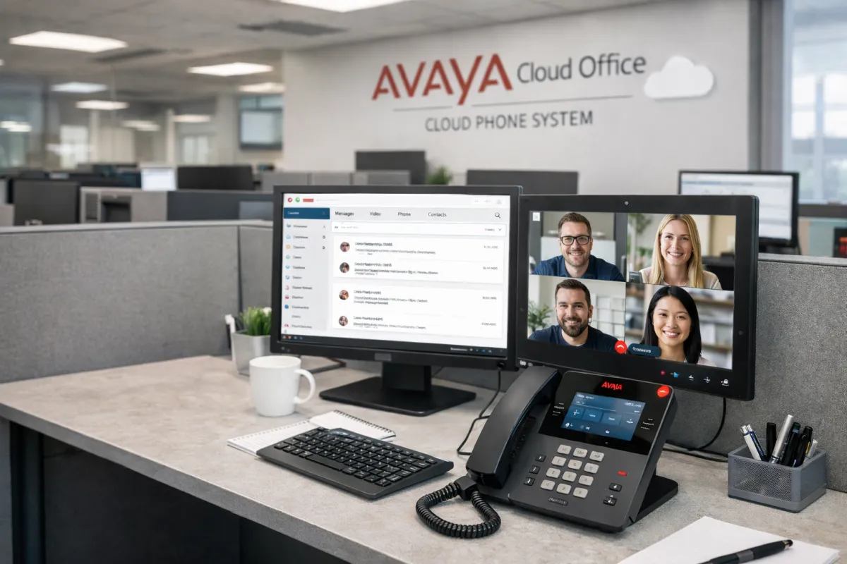 Modern call center workspace with Avaya Cloud Office – Cloud Phone System, dual monitors, and IP phones on desks in a professional office environment.