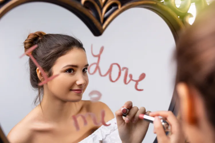 Person standing confidently in front of a mirror with hand on heart, reflecting self-love and empowerment.