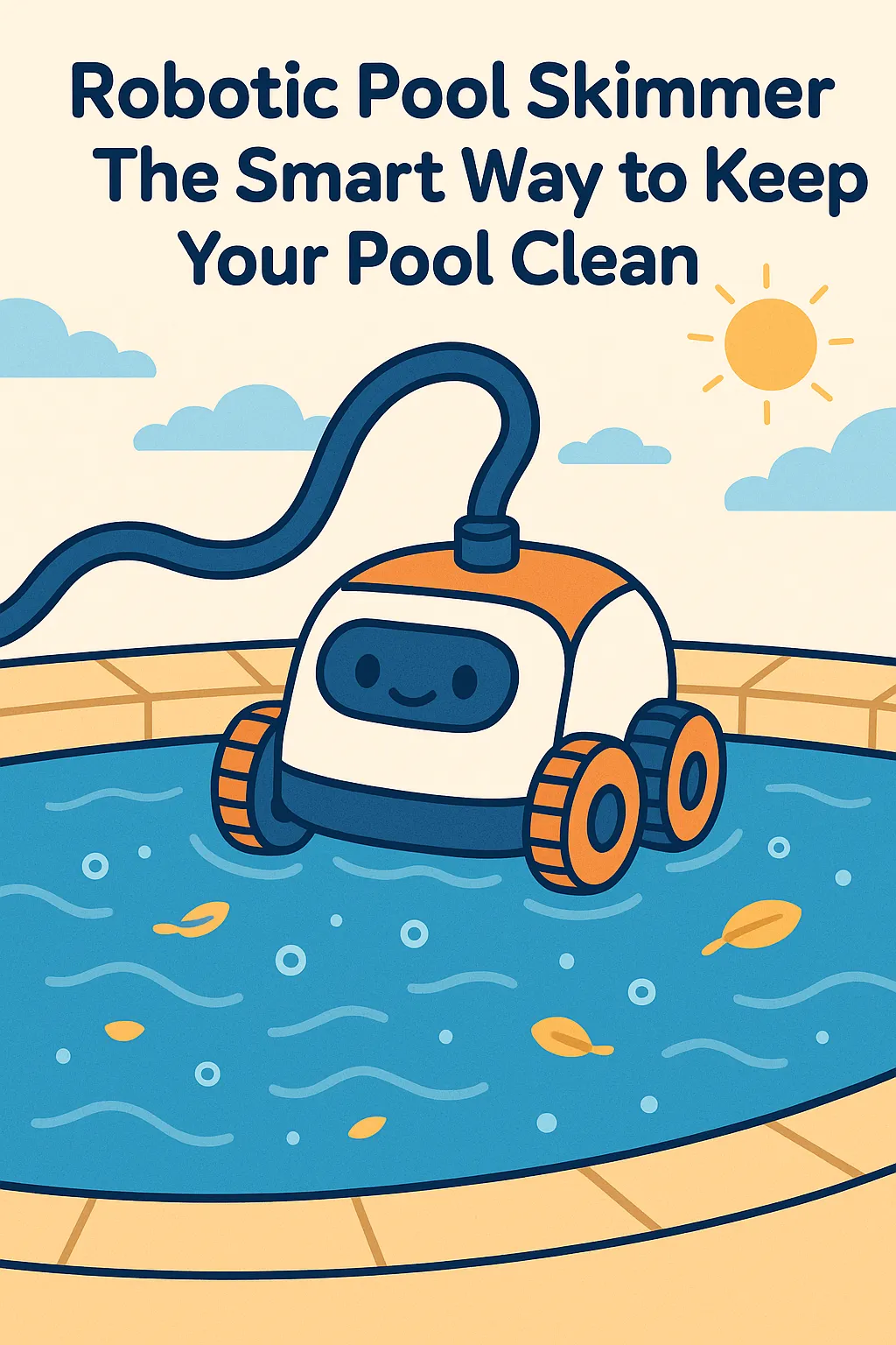 Playful cartoon-style illustration of a robotic pool skimmer floating in a clear blue pool, collecting leaves and debris under a sunny sky.