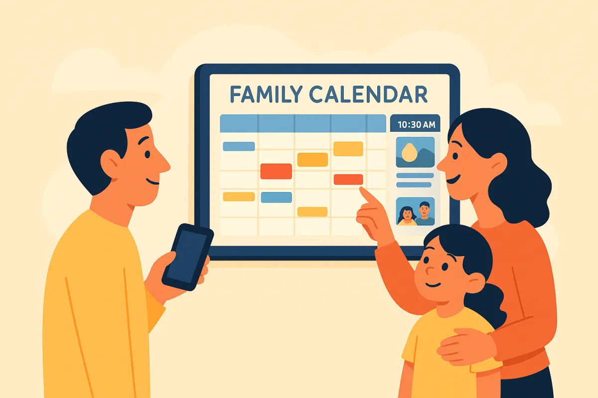 Flat-style illustration of a family of three interacting with a wall-mounted digital calendar showing a color-coded weekly schedule and family photos, symbolizing the Skylight Calendar’s shared scheduling features.