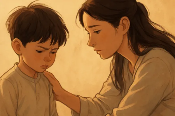 Mother kneeling at eye level with young child who appears frustrated, mother's hand gently on child's shoulder, expressing calm presence and connection despite child's upset emotions, warm natural lighting, 600x400px, horizontal composition