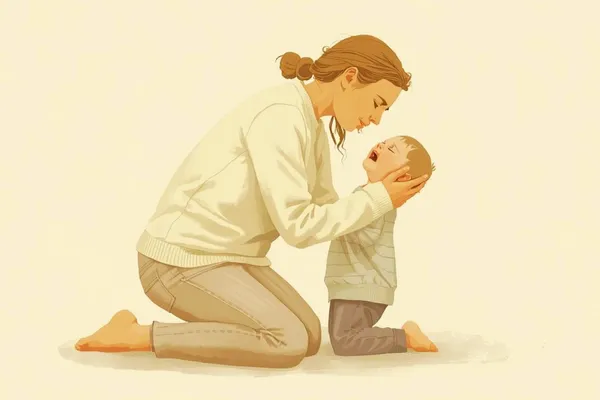 Mother kneeling beside crying child offering comfort and protection,  while keeping calm presence despite difficult moment, expressing choosing  care over punishment and staying centered when emotions run high