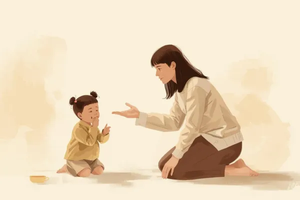Mother kneeling at child's level offering empathetic understanding while  setting boundary, child showing upset emotion but being heard, expressing  limits with compassion rather than power struggle