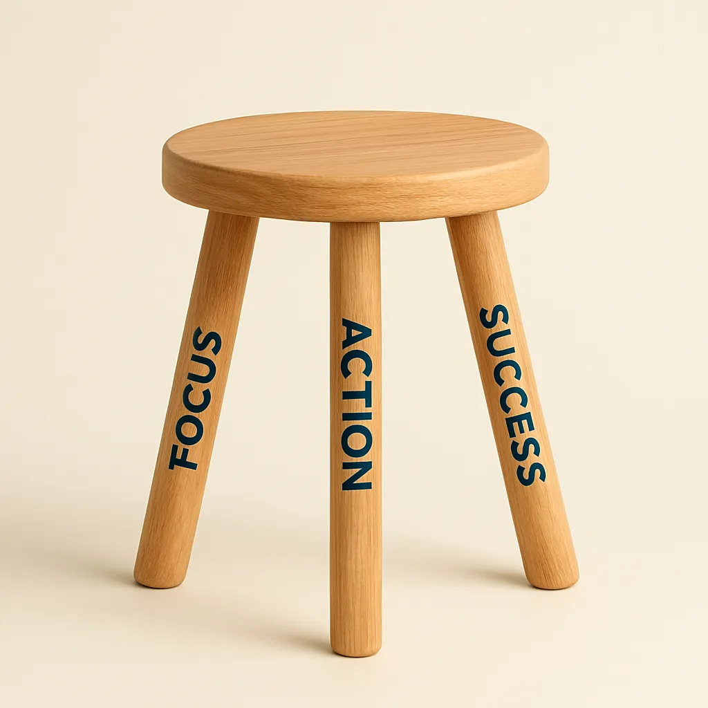 Picture of a 3 legged stool with the writing focus, action, success on each leg