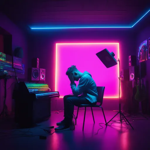 A depressed man sitting in a music studio.