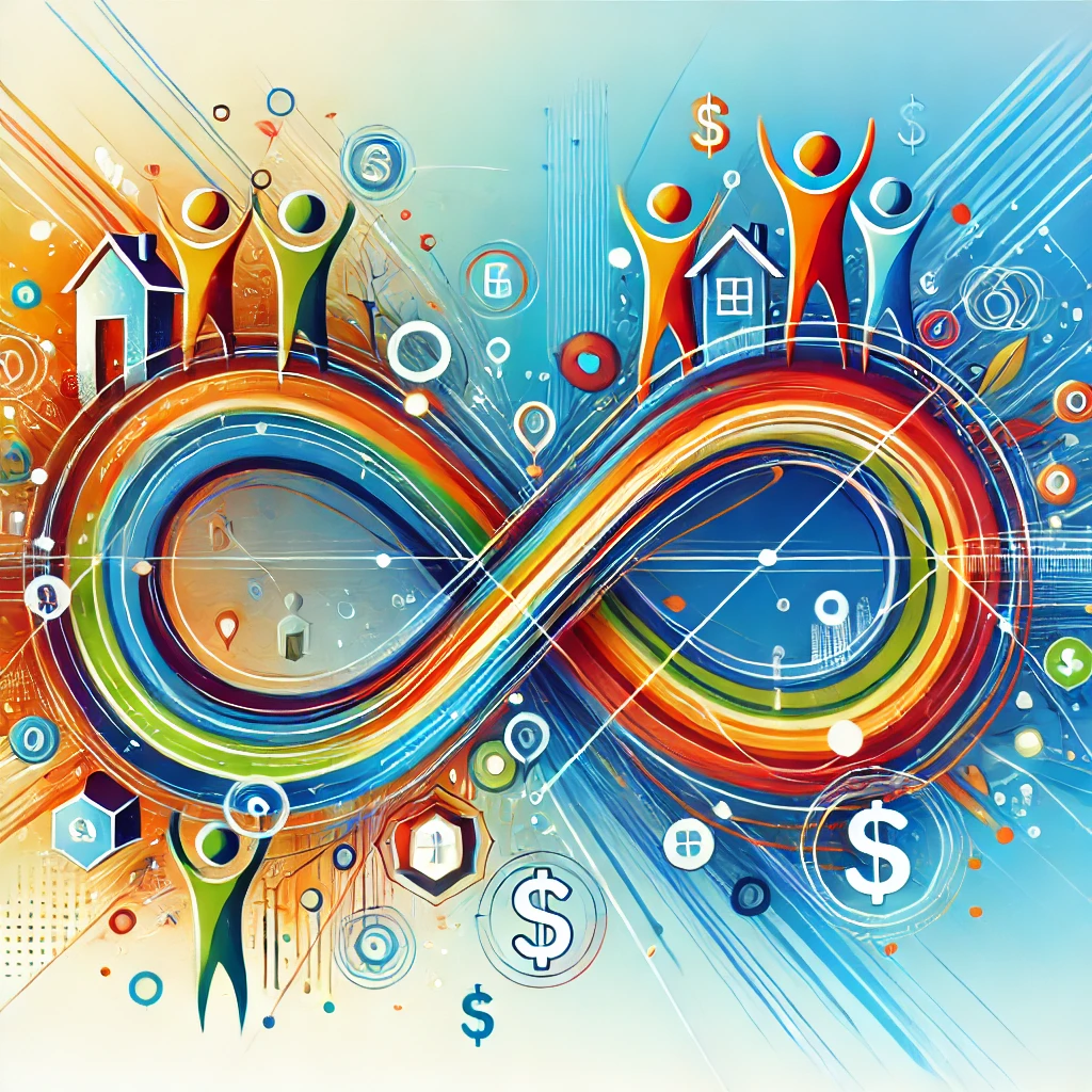 Infinity links connecting people in a vibrant network with houses, dollar signs, and dynamic lines, symbolizing connection and earning potential.