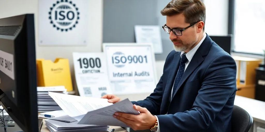 Auditor reviewing documents for ISO 9001 internal audit.