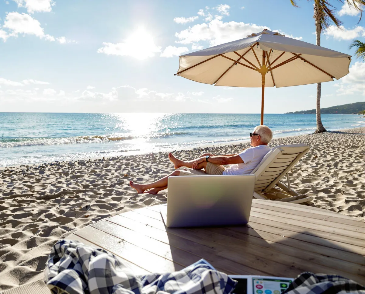 A serene beach with a retired couple relaxing under a sun umbrella, with a laptop closed on the table — symbolising freedom and financial success.