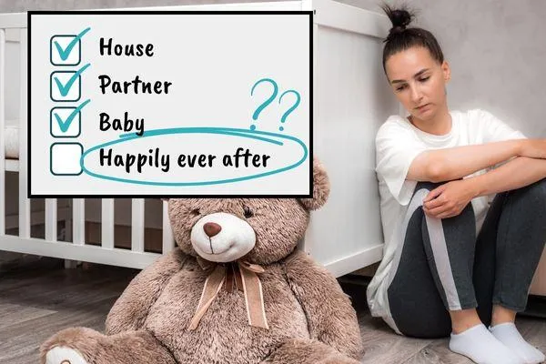 Mom sitting beside crib sad and lonely with teddy bear