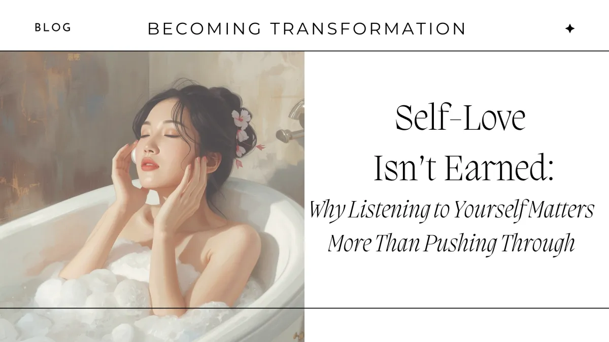 Woman sitting quietly in the bathtub, reflecting on self-love, rest, and listening to her body without guilt