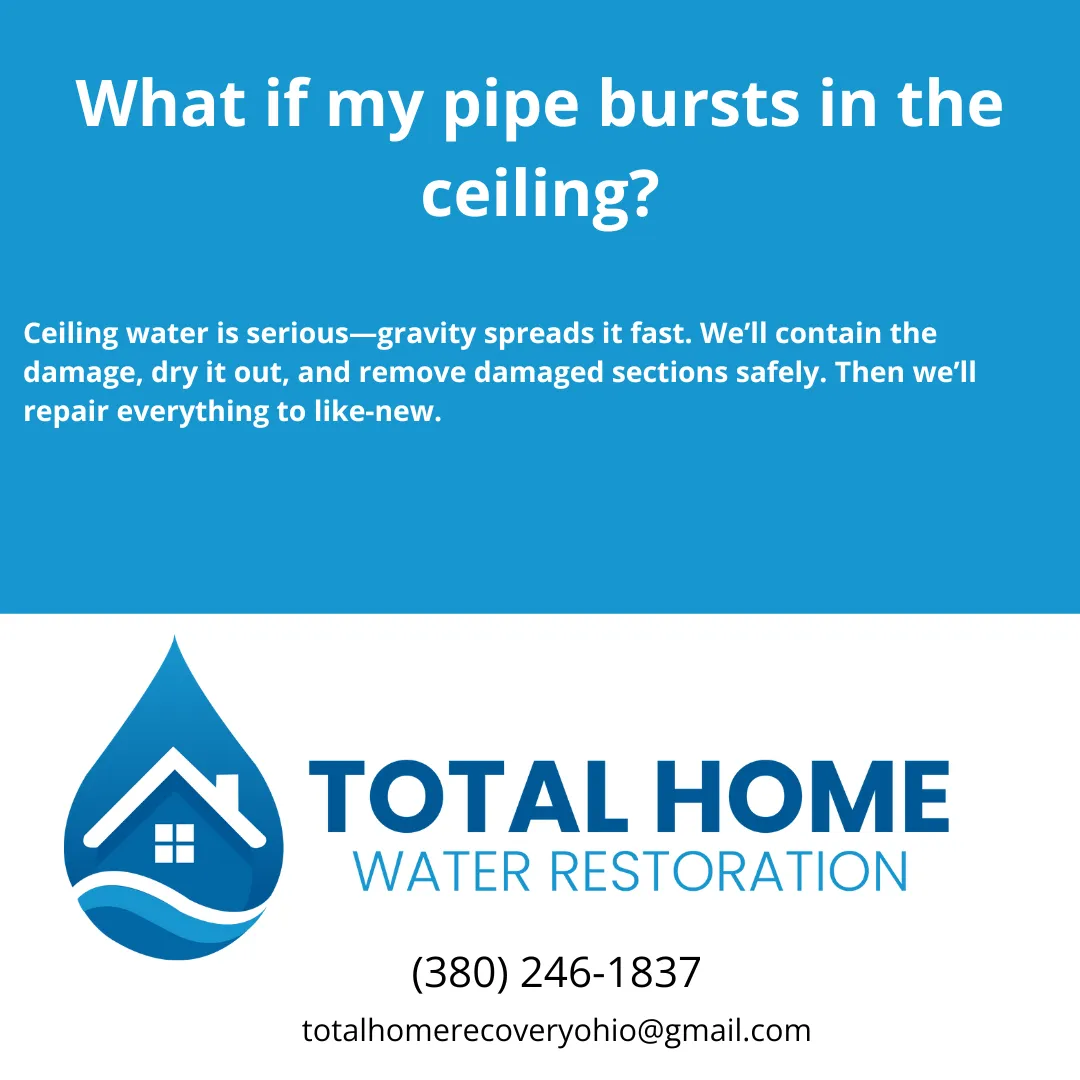 A burst ceiling pipe spreads water fast. Here’s how Total Home Water Restoration handles burst and frozen pipe cleanup in Grove City and Columbus to prevent costly damage.