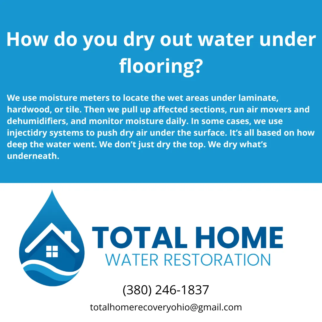 Learn exactly how we dry water under hardwood, tile, or laminate flooring after an appliance leak in Grove City or Columbus, OH. Professional cleanup you can trust.