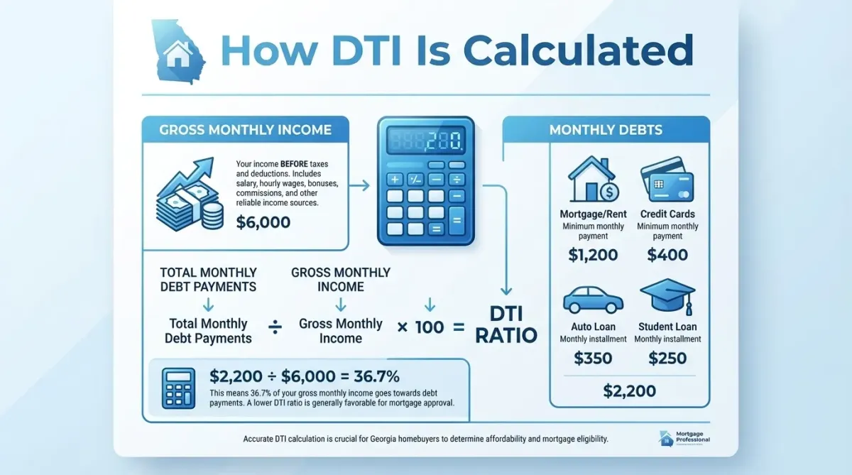 Infographic showing how debt-to-income ratio (DTI) is calculated for mortgage approval, comparing gross monthly income and monthly debts for Georgia homebuyers.