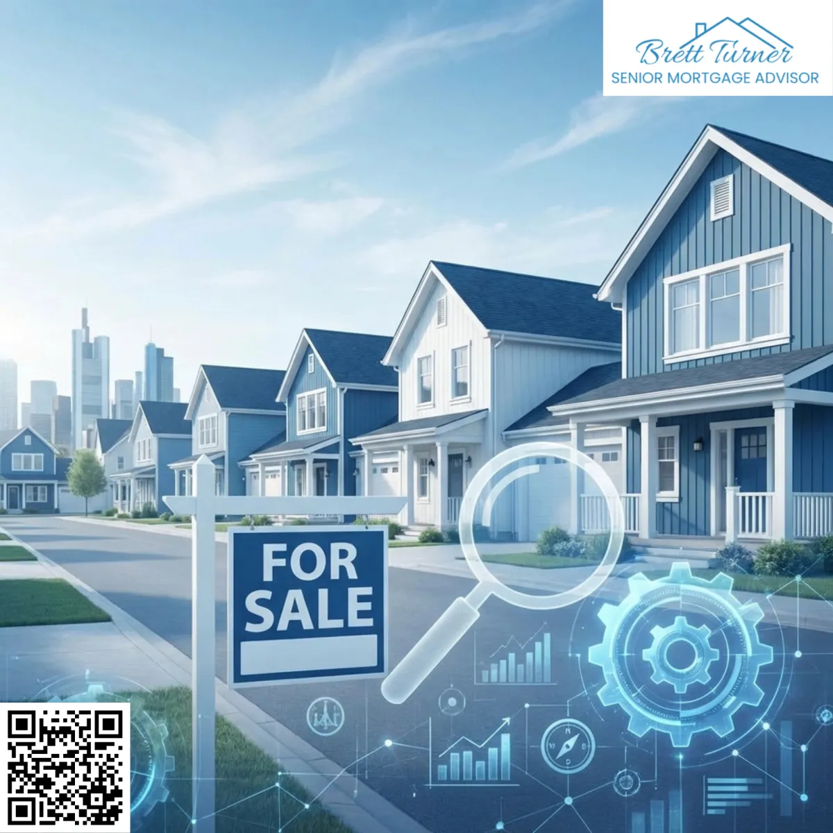 Residential neighborhood with a for sale sign and data analysis graphics, representing hidden factors homebuyers should consider when purchasing a home.