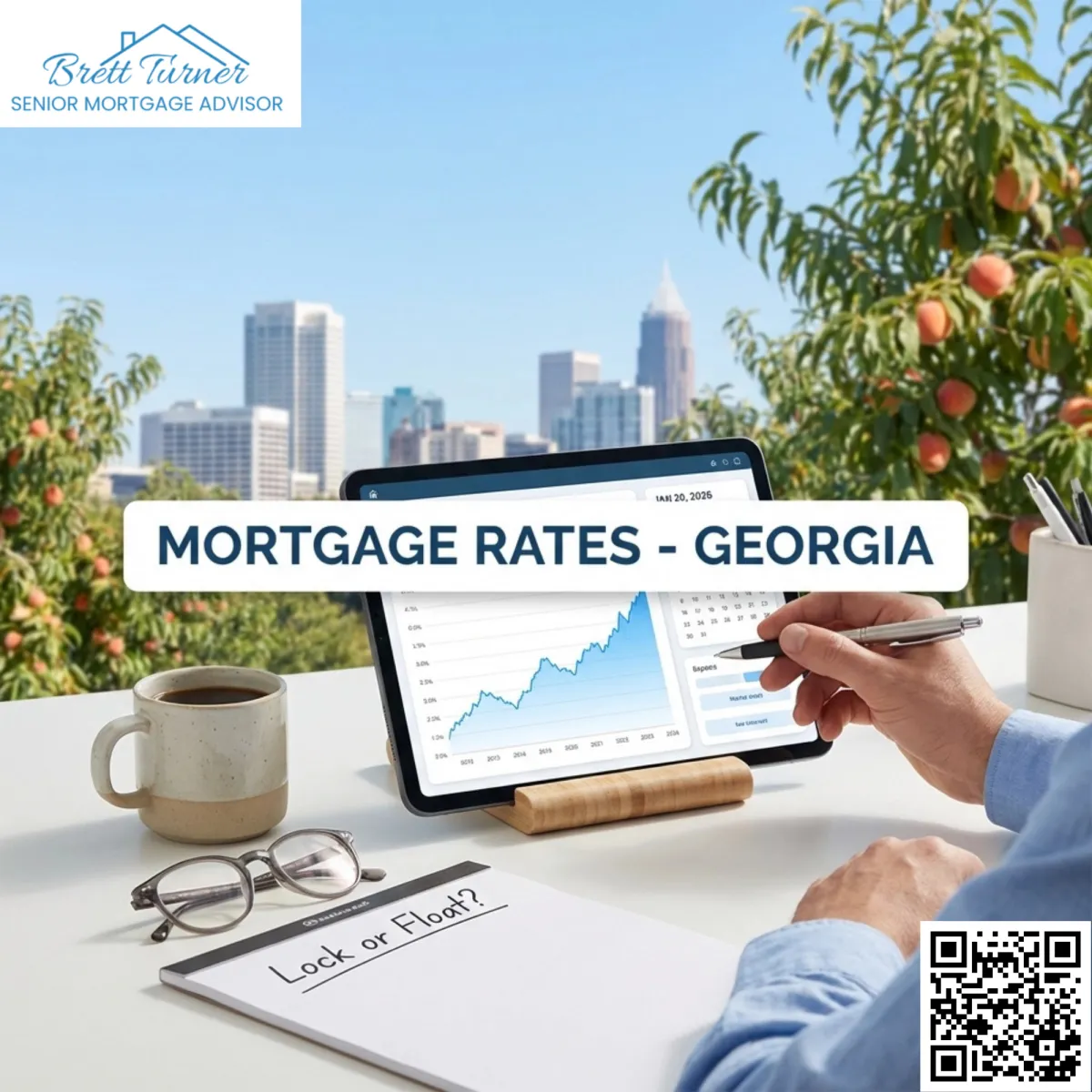 Mortgage rates in Georgia shown on a tablet with a rate chart, as a homebuyer reviews whether to lock or float their interest rate.