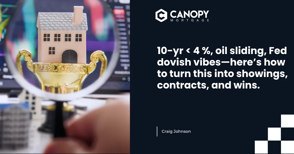 10-yr < 4 %, oil sliding, Fed dovish vibes—here’s how to turn this into showings, contracts, and wins.