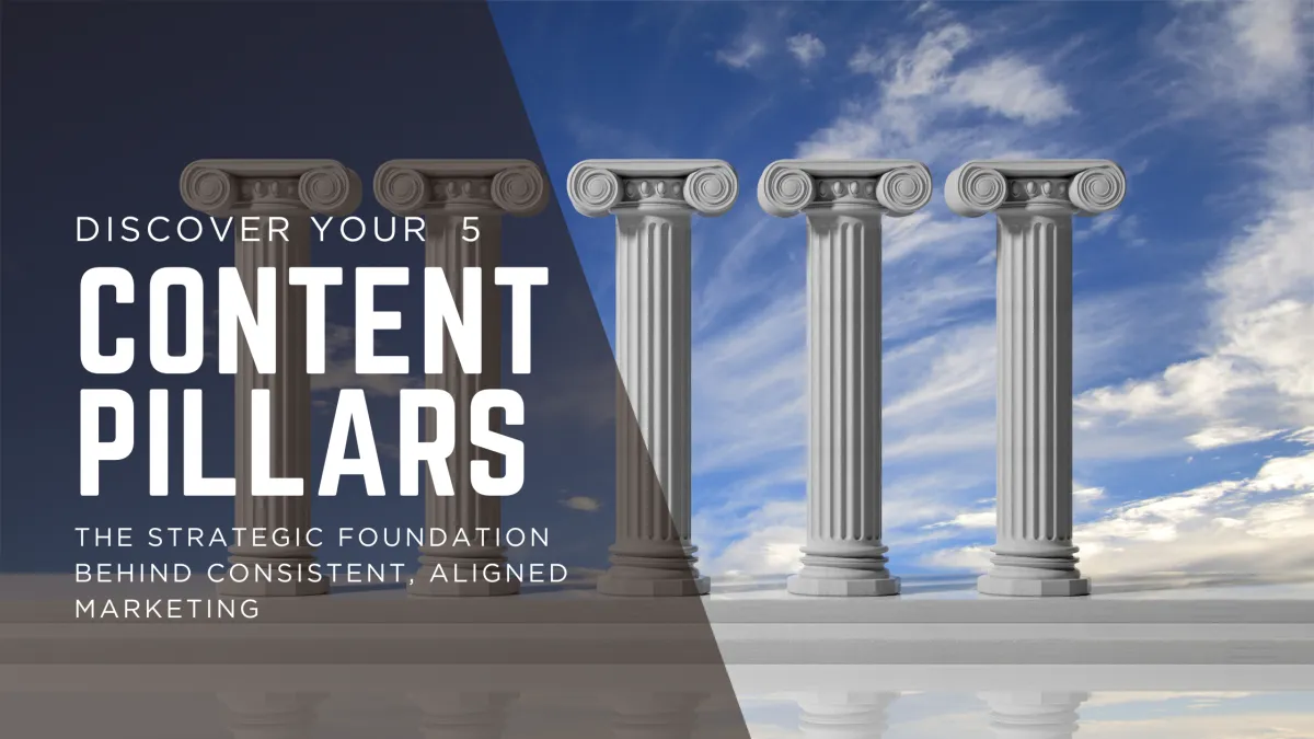 Cover image showing five classical pillars under a blue sky with bold text overlay: ‘Discover Your 5 Content Pillars – The Strategic Foundation Behind Consistent, Aligned Marketing.’ Visual represents clarity and structure in content strategy.