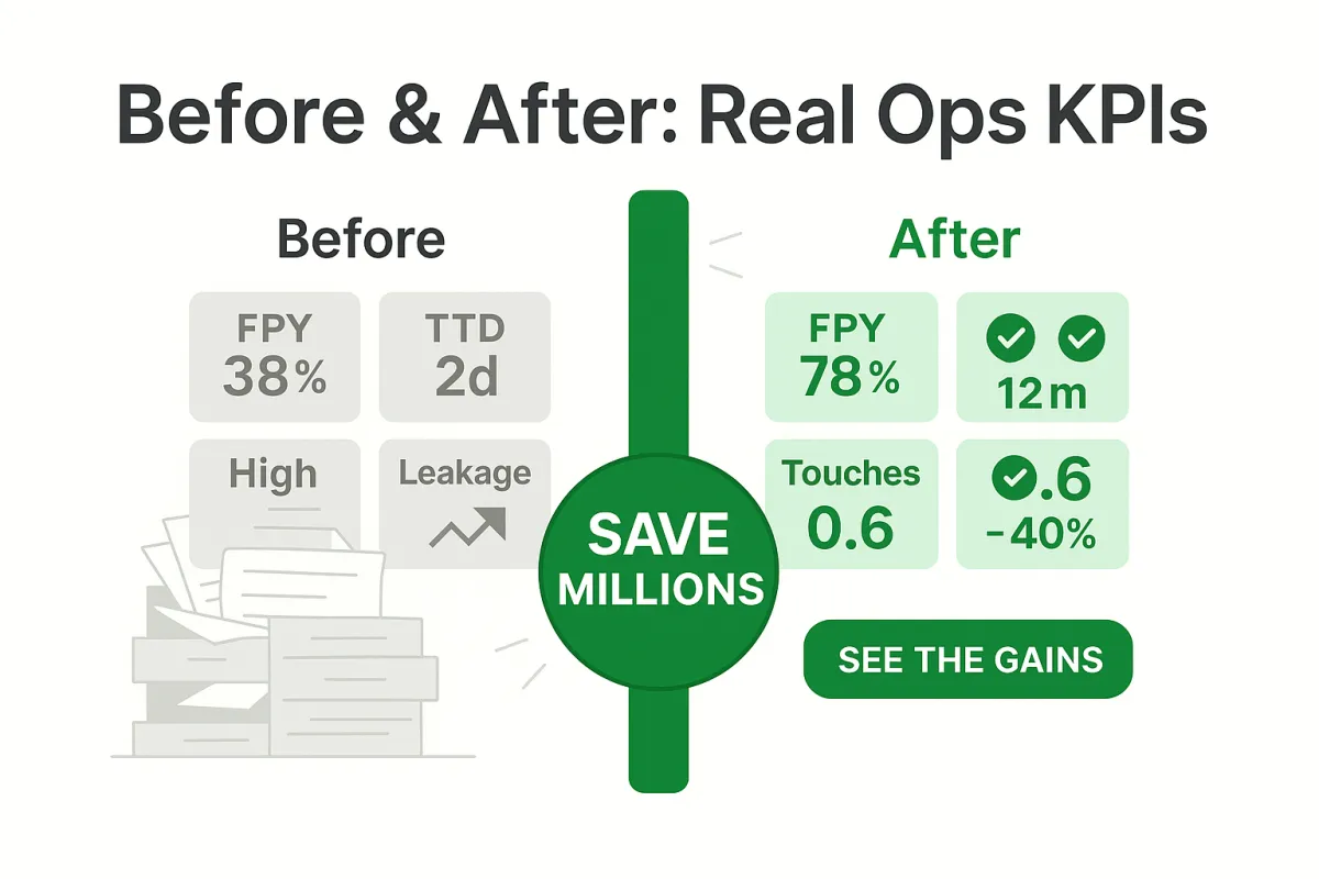 “600×400 ‘Before vs After’ banner: left grey panel shows manual KPIs (low FPY, long time-to-decision, many touches, higher leakage); right green panel shows improved KPIs (higher FPY, minutes to decision, fewer touches, lower leakage); a big green arrow points from Before → After with a green ‘SEE THE KPIs’ button—visualizing AI scanning saving millions.”