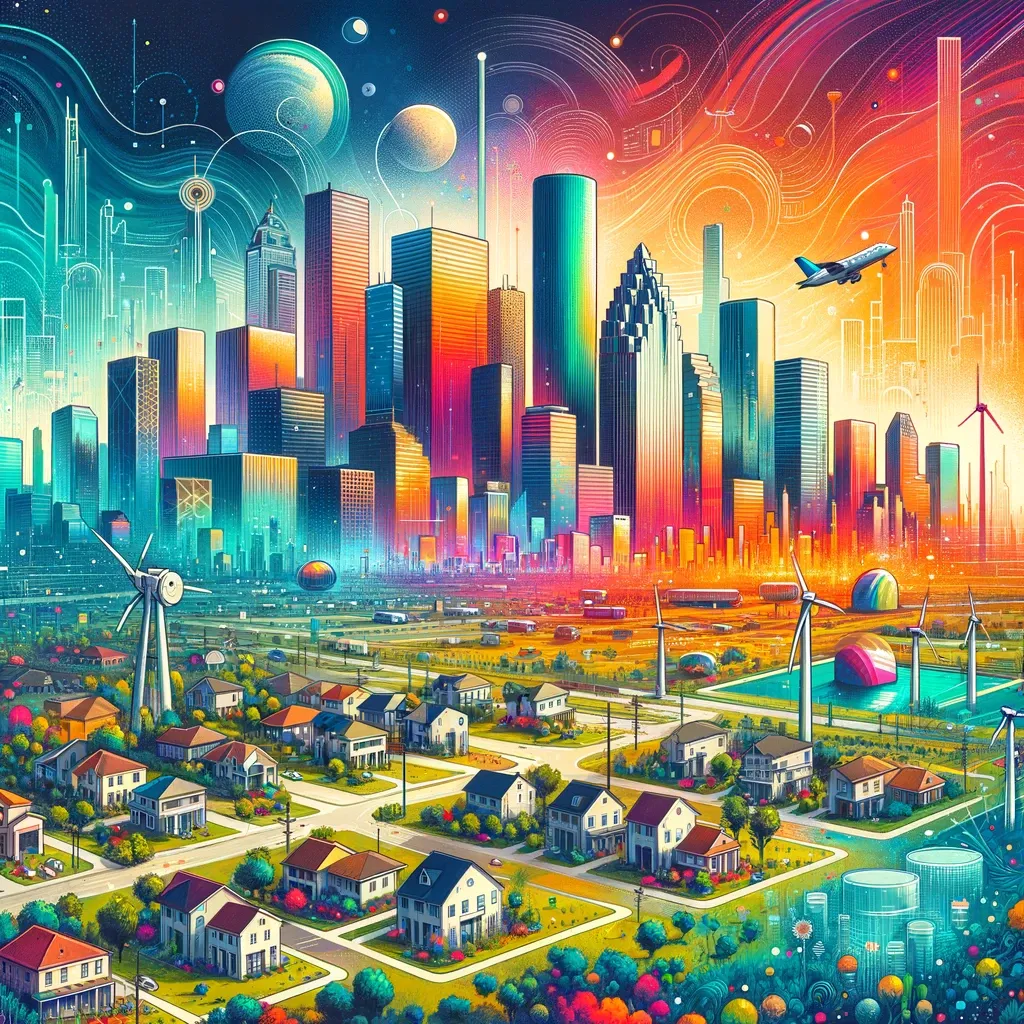 Illustration of Texas's diverse real estate in 2024, featuring urban skylines, suburban homes, rural landscapes, and modern buildings, symbolizing growth and change.