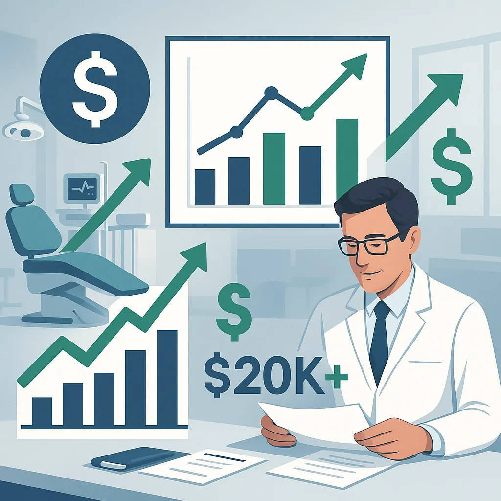 Financial growth charts showing $200K revenue increase from IV sedation services in modern dental practice with business analysis documents