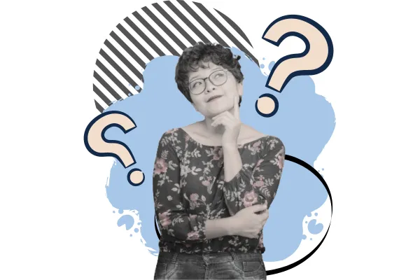 Zamyślona osoba z krótkimi, kręconymi włosami i okularami, ubrana w bluzkę w kwiaty i jeansy, stoi z ręką na brodzie, wyglądając na zamyśloną. Tło składa się z abstrakcyjnych kształtów, w tym niebieskich i czarnych pasków, oraz kilku znaków zapytania, symbolizujących pytanie postawione w tytule bloga 'Czy szkolenia z dofinansowaniem mają sens?