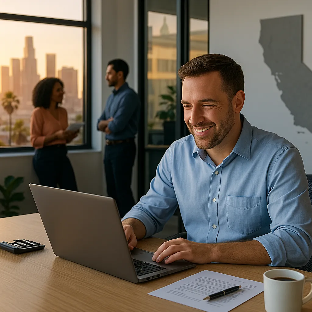 California small business owner reviews a loan approval on a laptop as the Los Angeles skyline glows at sunset; coworkers chat in the background.