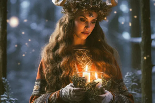 Winter Solstice themed image of a woman holding candles in a snowy forest, symbolising returning light, reflection, and seasonal ritual