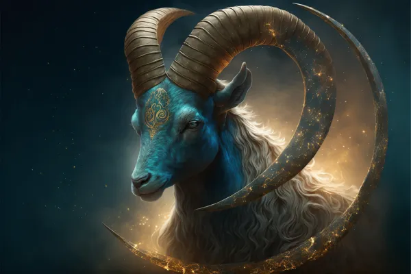 Mystical blue Capricorn goat with golden horns in front of glowing crescent moon surrounded by stars - Capricorn New Moon