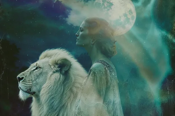 Mystical composite image of woman's profile gazing upward beside white lion, both illuminated by large turquoise full moon against cosmic starry sky with ethereal aurora-like light