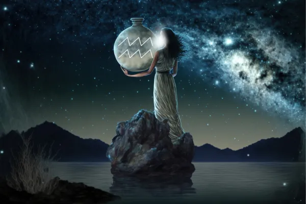 Woman in flowing white robes standing on rock under starry night sky, holding glowing orb with Aquarius symbol, representing Aquarius season spiritual energy and astrological wisdom