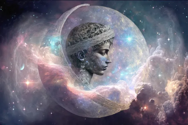 Mercury retrograde celestial artwork showing classical statue in cosmic space with pink and blue nebula, stars, and planetary imagery representing astrological transformation and spiritual guidance
