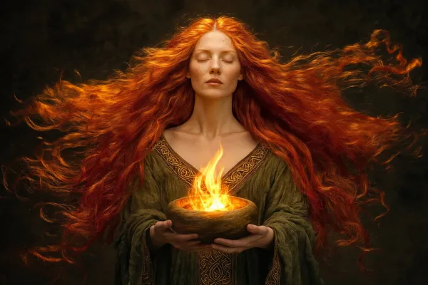 Priestess figure in celtic robes with eyes closed holding sacred flame representing releasing over responsibility under the Virgo South Node Lunar Eclipse