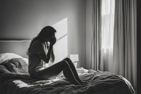 Woman panic attack sitting in bed alone