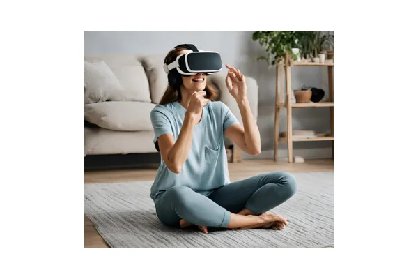 A woman sitting wearing VR headset