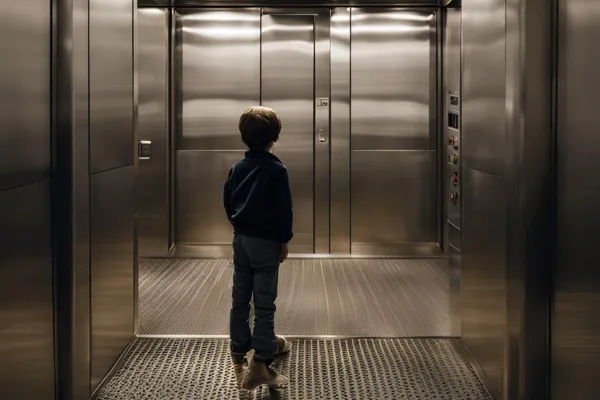 A child standing in a broken elevator