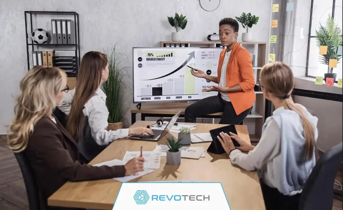 Business owner presenting growth plans on a smart screen to her colleagues at a boardroom table.