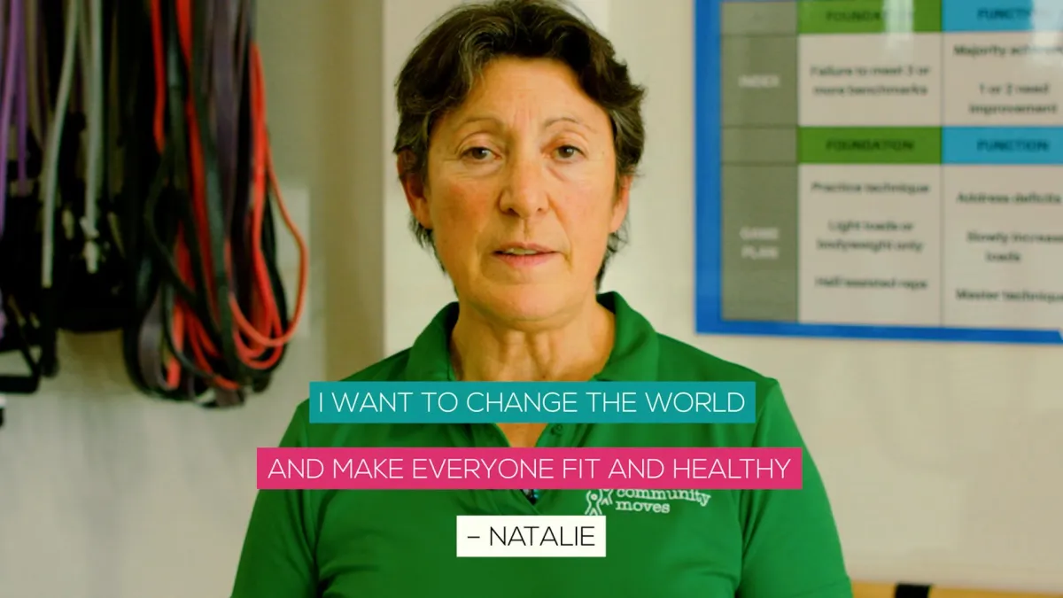 Natalie Fraser, manager at Community Moves Health & Fitness in Forestville, wearing a green polo with the Community Moves logo, stands in the gym with resistance bands in the background. A quote overlay reads, 'I want to change the world and make everyone fit and healthy – Natalie.