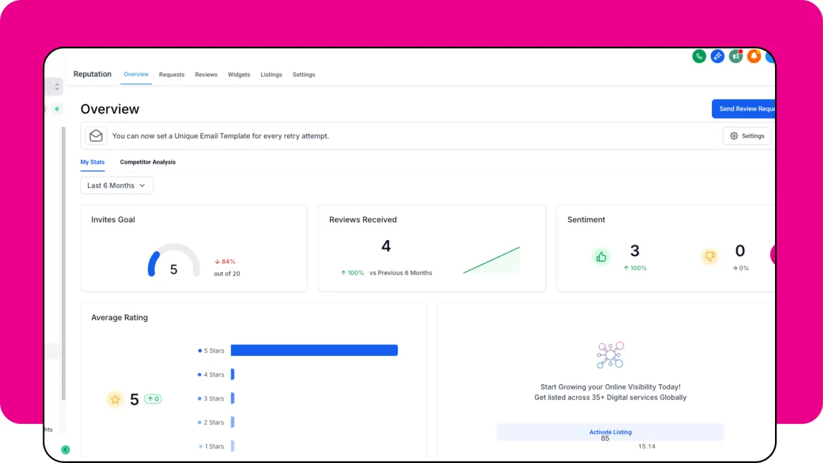 Screen shot of the Lead Monsta Reputation hub